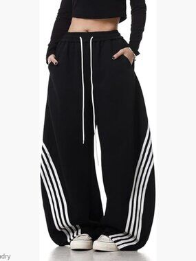 High Waisted Wide Leg Sweatpants, Striped Joggers with Drawstring Waist
